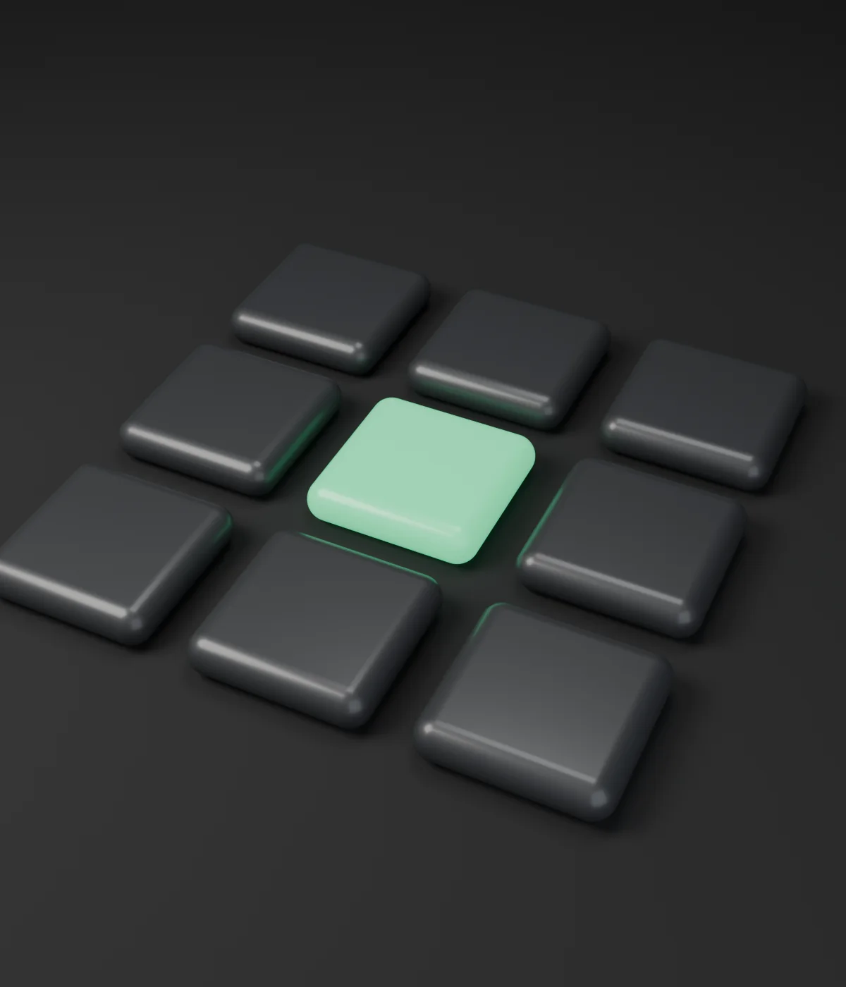 A grid of dark rounded app tiles with one glowing green