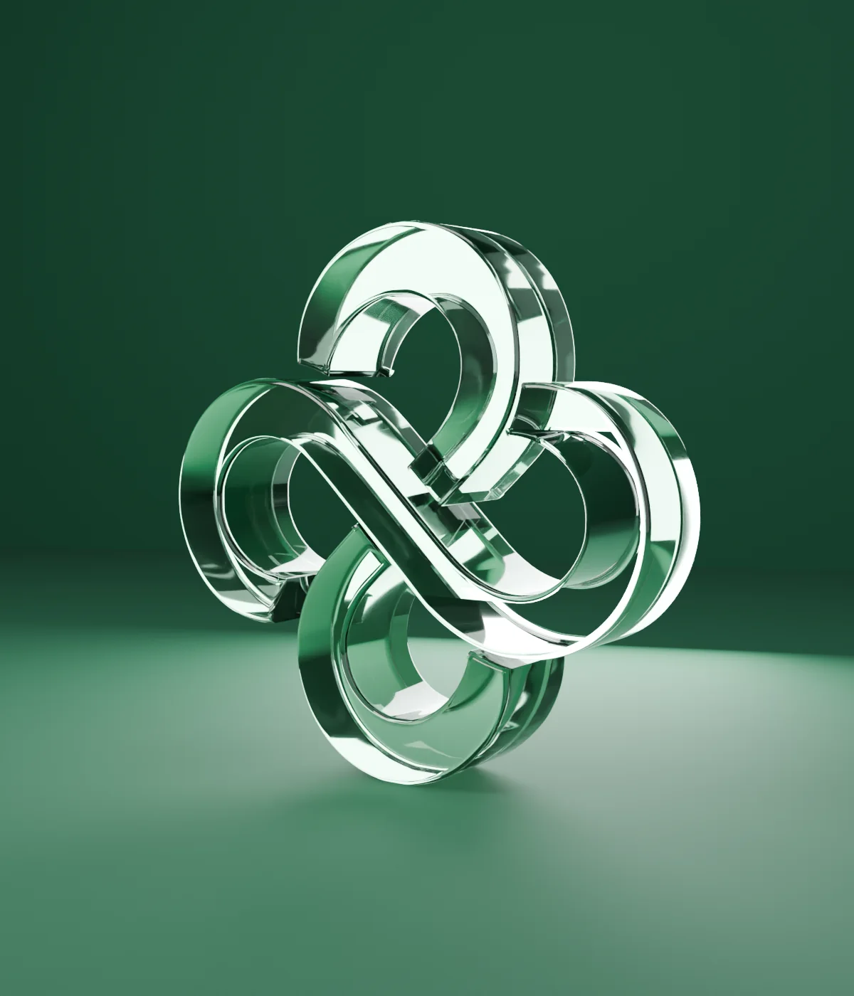 The CloverApps knot in clear green glass on a deep green ground