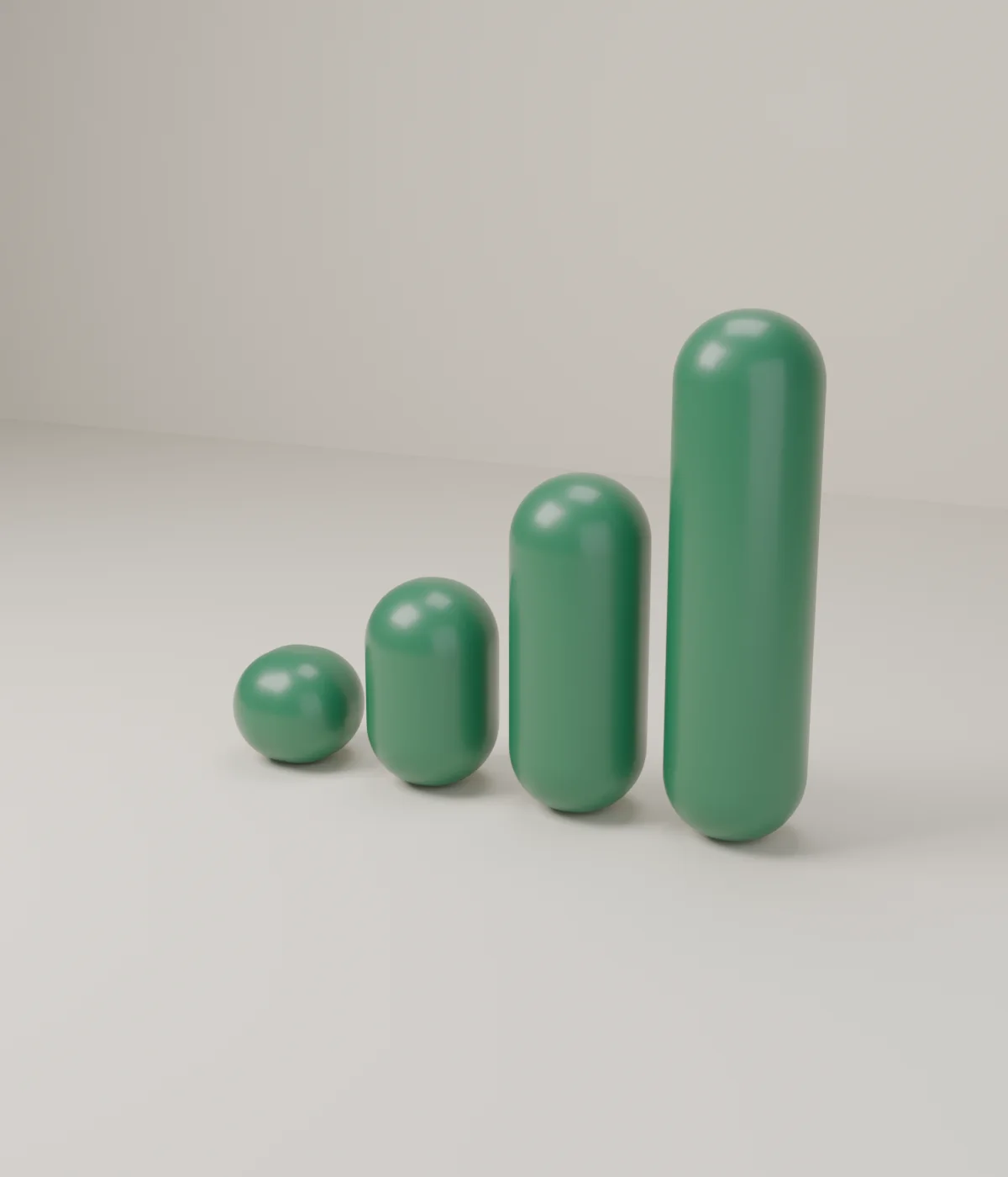 Four green rounded pillars rising in height on a sand ground