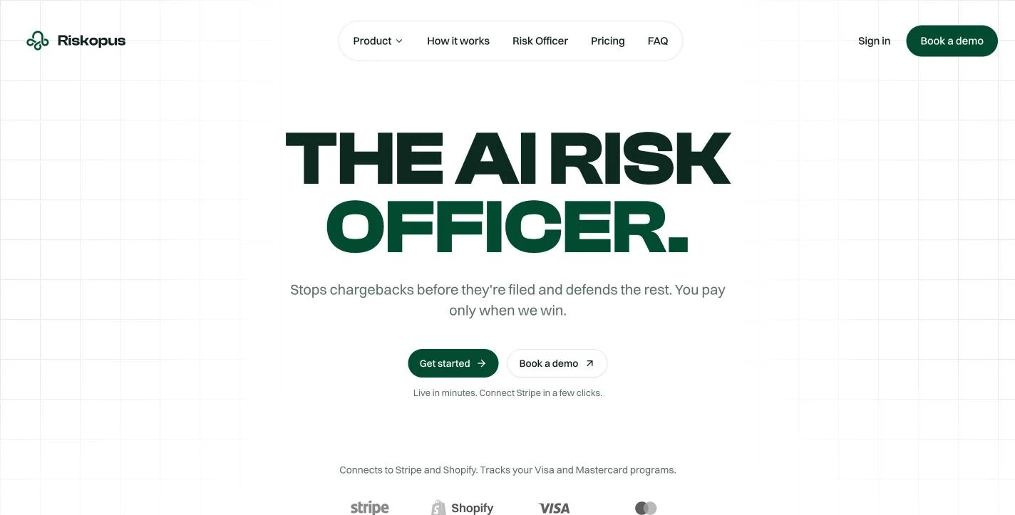 The Riskopus homepage: The AI risk officer, with Get started and Book a demo actions